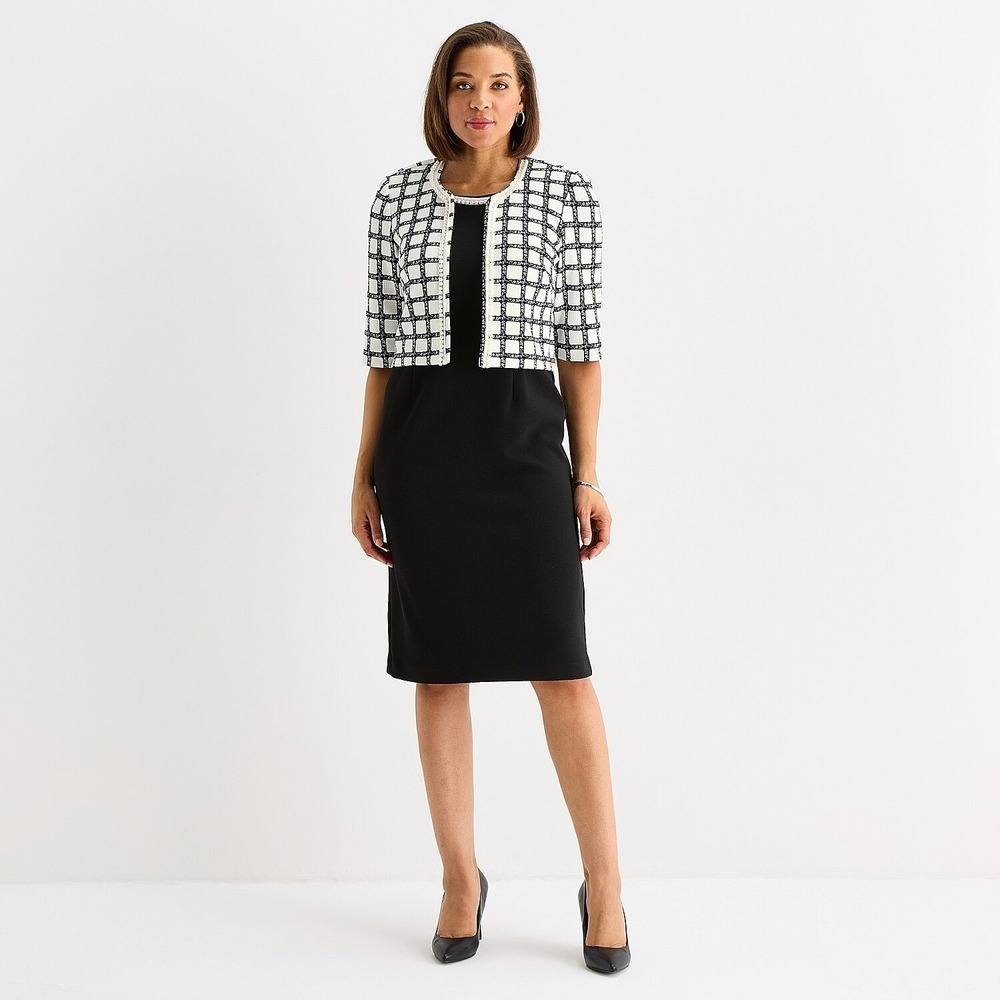 MSRP $94 Maya Brooke Womens 8 White/Black Plaid 2 Piece Jacket Dress
